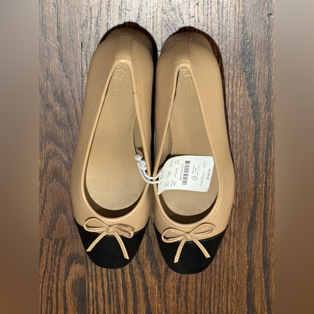 J. Crew Tan and Black Flats with Rounded Toe and Bow Detail